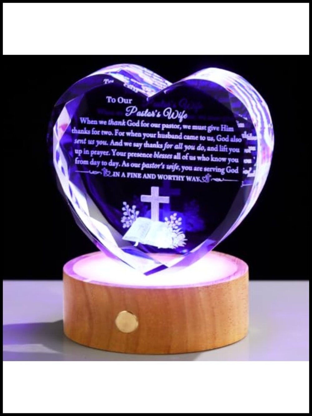 K9 Crystal Heart Engraved Cross Bible Pastor Wife Gift Night Light